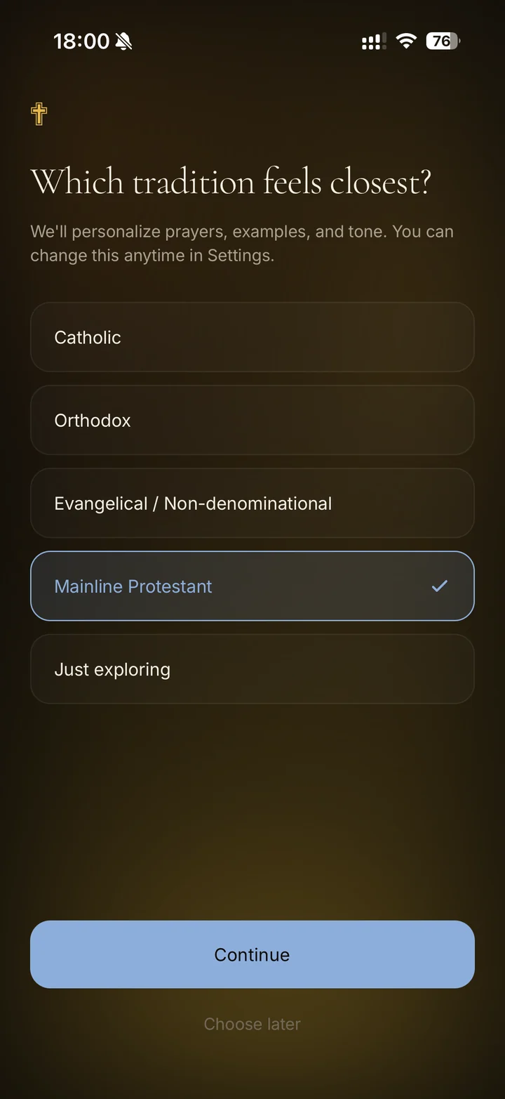 Choosing a tradition during onboarding