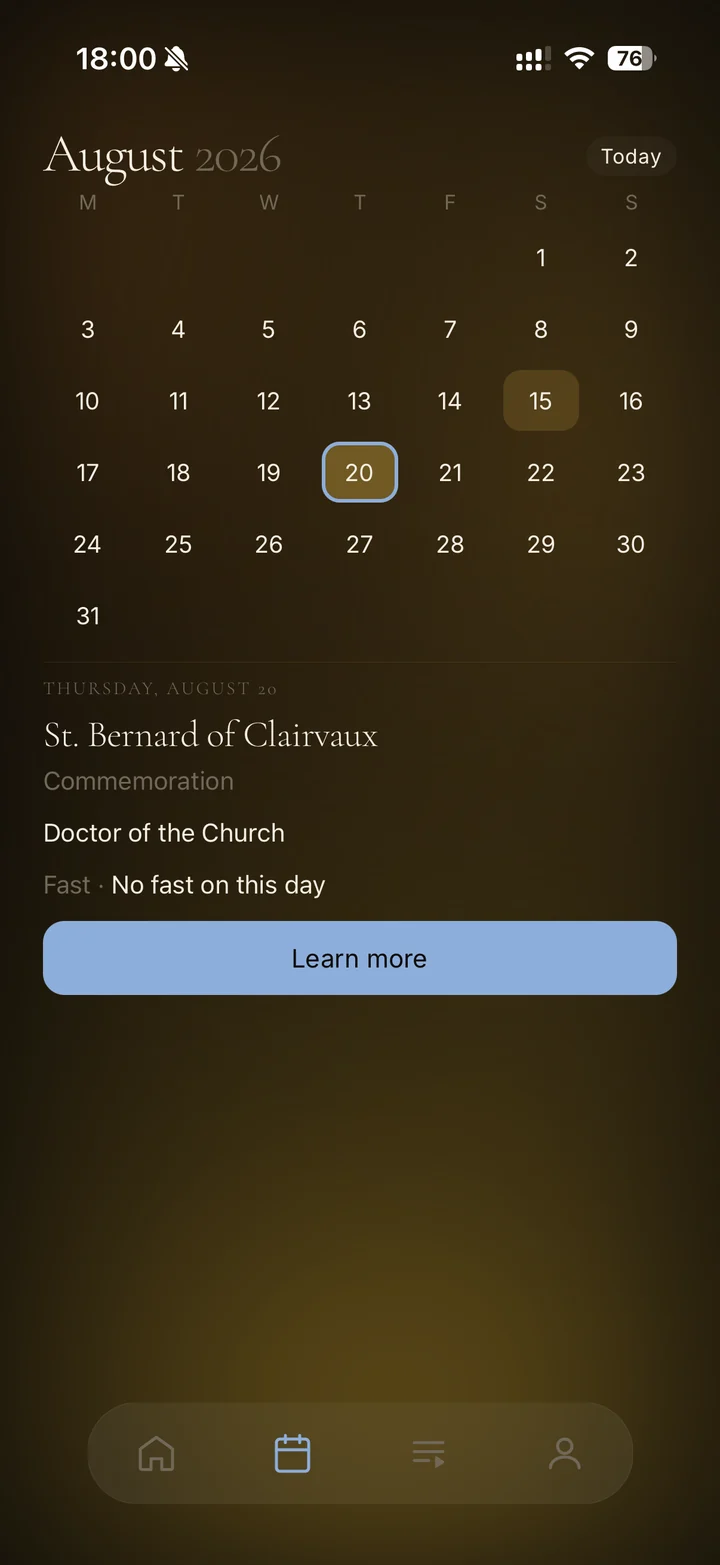 Church calendar with the saint of the day